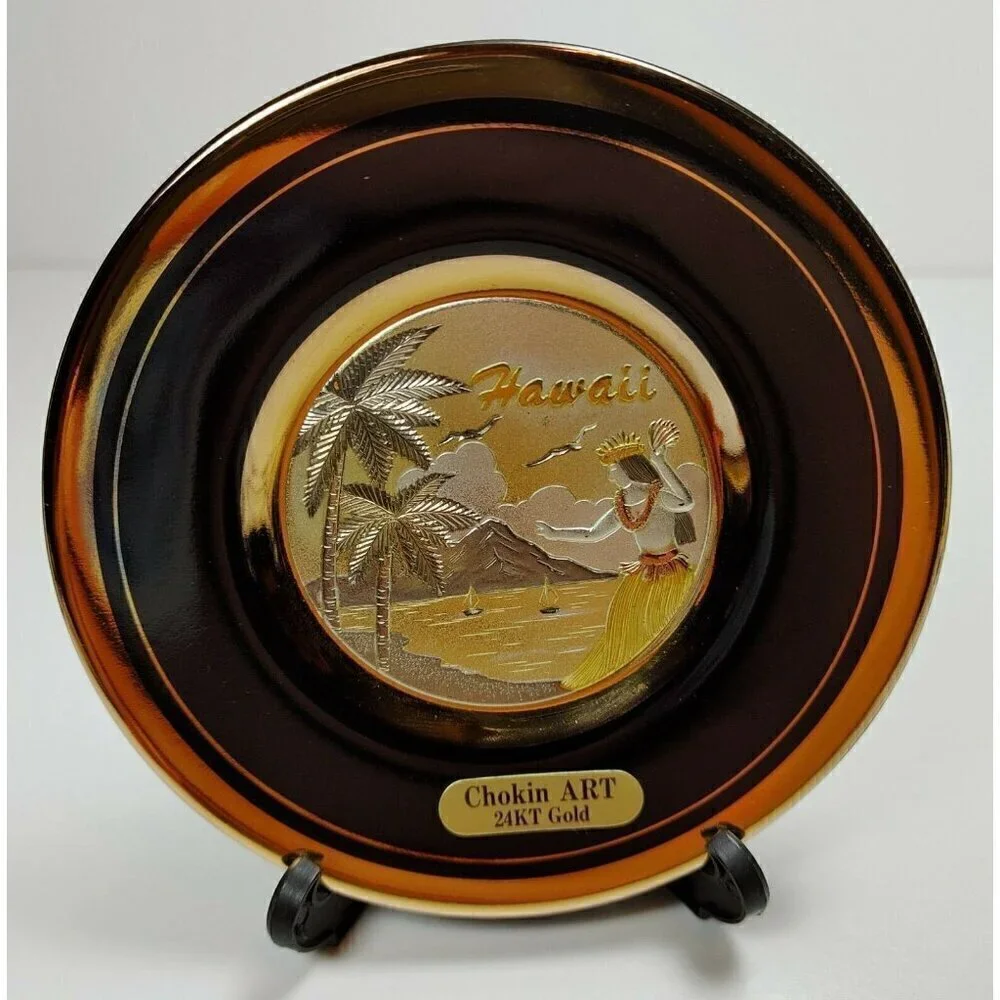 Chokin Hawaii Art Etched 24 KT Black Gold Rim Art And Deco Ornamental Plate VTG